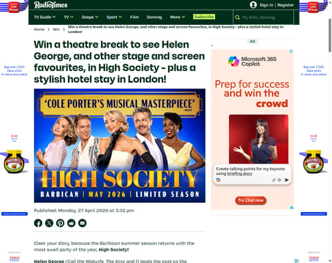 Preview Theatre Break To See Helen George In High Society & Hotel Stay In London