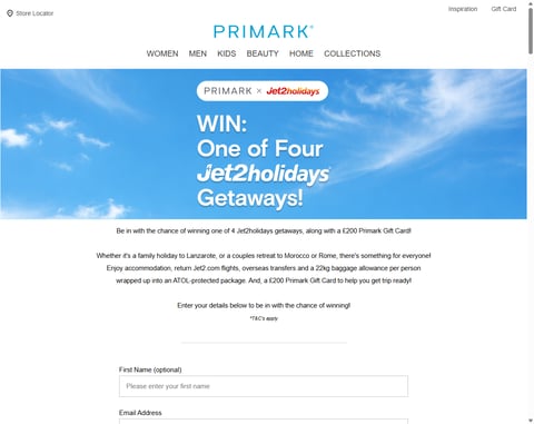 Preview Jet2 Holidays and £200 Primark Gift Cards