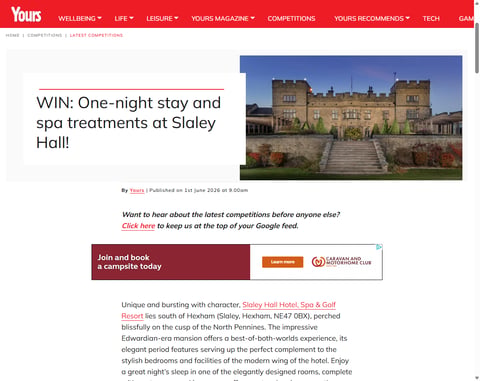Preview 1 Night Stay And Spa Treatments At Slaley Hall [Yours Magazine]