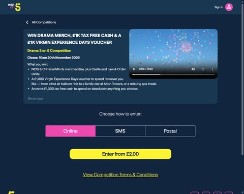 Preview £1,000 Cash and £1,000 Virgin Experience Vouchers Competition