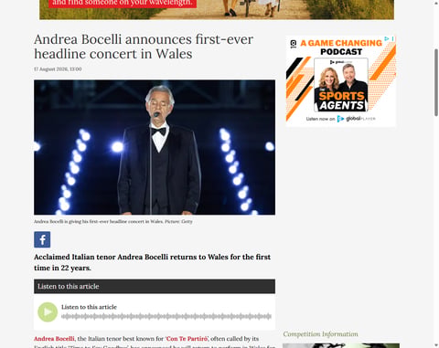 Preview Tickets To See Andrea Bocelli in Cardiff