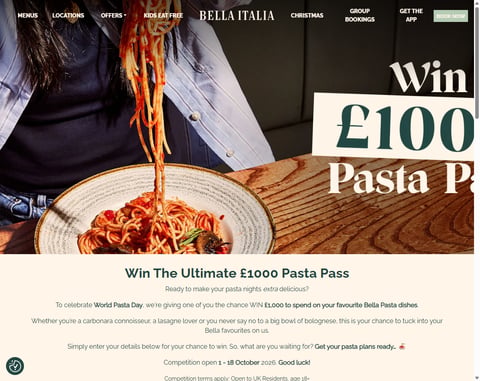 Preview £1000 Bella Italia Pasta Pass